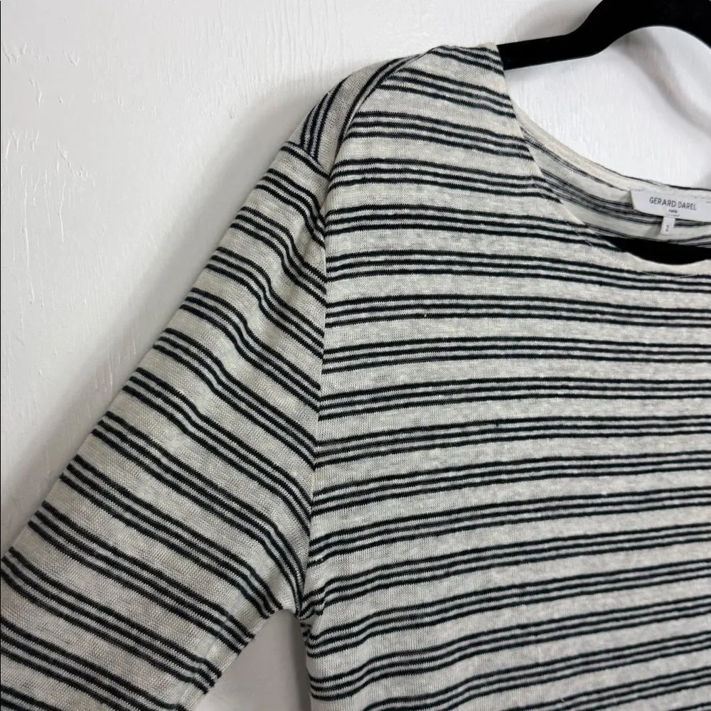 Gerard Darel Linen Striped Top Size 2 Black White 3/4 Sleeve Paris